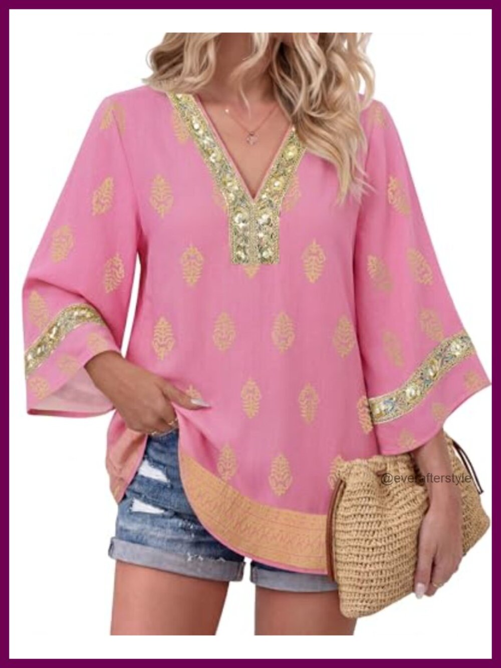 Boho Embroidered V Neck Bell Sleeve Tunic Top